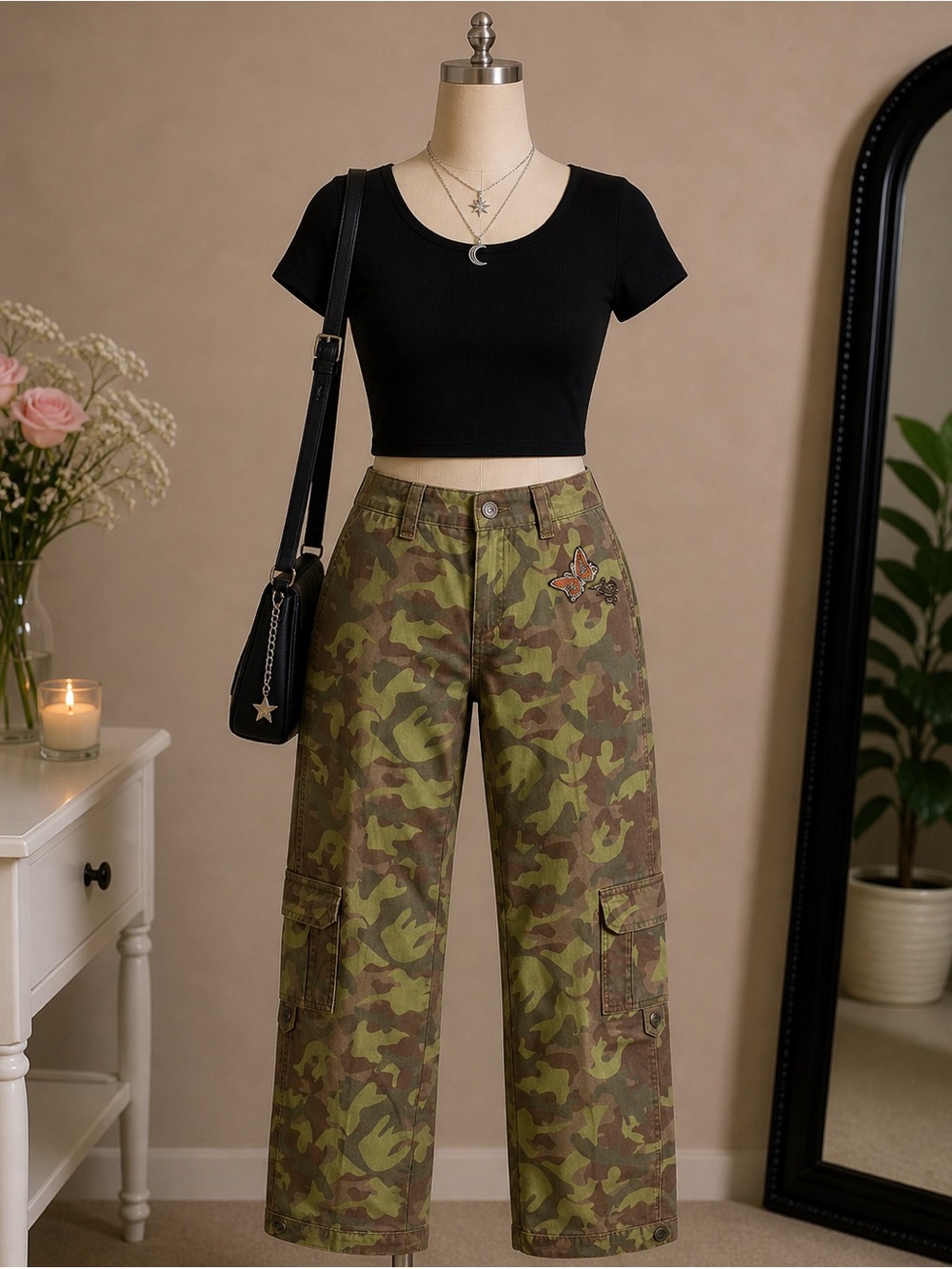 Disney camo cargo pants green khaki butterfly patch size XS Y2K utility